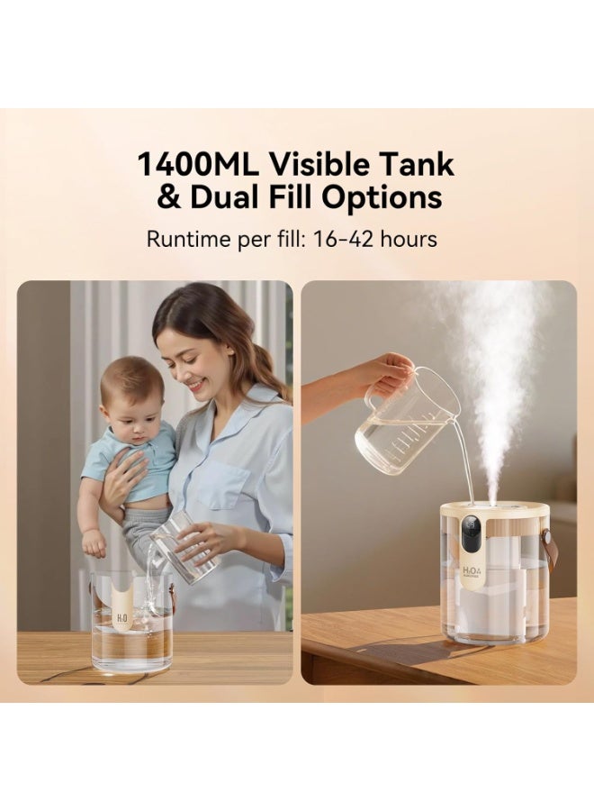 Bukela Rechargeable Portable Top Fill Humidifier, Smart Humidifiers for Bedroom, Night Light, 1.4L Cool Mist Humidifier for Office Home Plant Baby, 3-Speed Mist Control, Quiet, Auto Shut-Off (Beige) - Image 5
